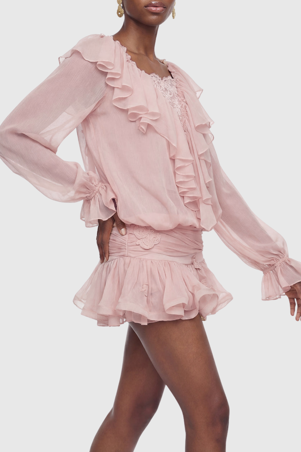 Ezio Floral Embroidered Ruffe Mini Dress - Pink