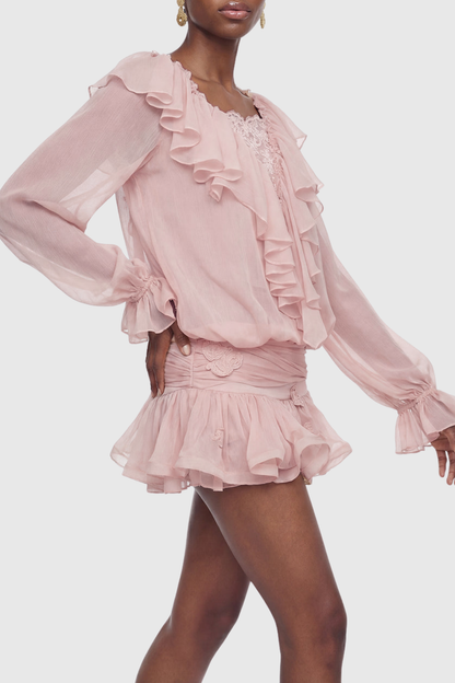 Ezio Floral Embroidered Ruffe Mini Dress - Pink