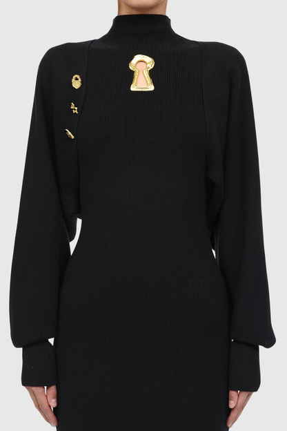 Ezrah Keyhole Sleeveless Knit Midi Dress & Cardigan Set - Black