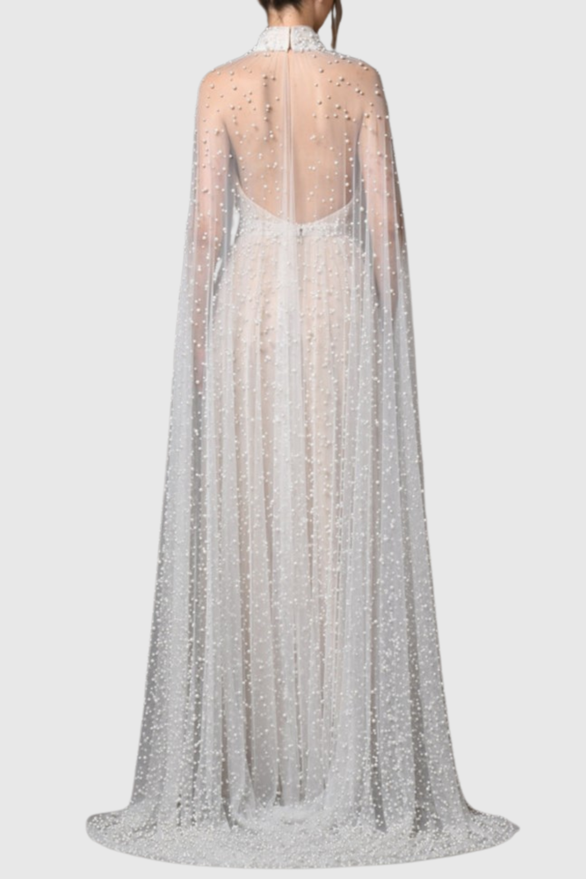 Falaia Pearl Embellished Tulle Cape Maxi Dress