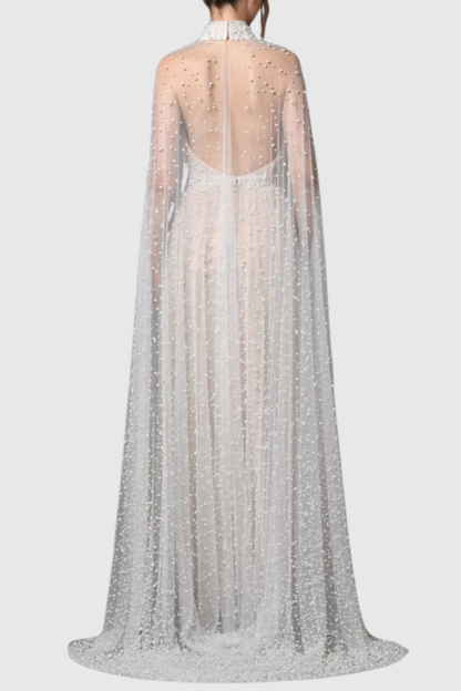 Falaia Pearl Embellished Tulle Cape Maxi Dress
