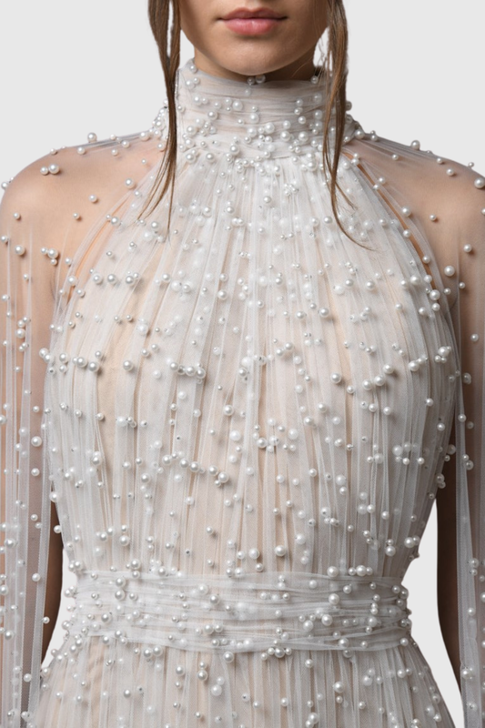 Falaia Pearl Embellished Tulle Cape Maxi Dress