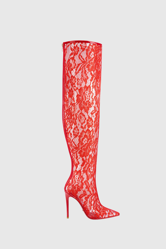 Fassiel Lace Knee High Boots - Red