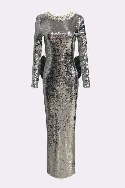 Fatima Sequin Pearl Embellished Bow Backless Maxi Dress