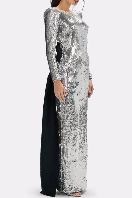 Fatima Sequin Pearl Embellished Bow Backless Maxi Dress