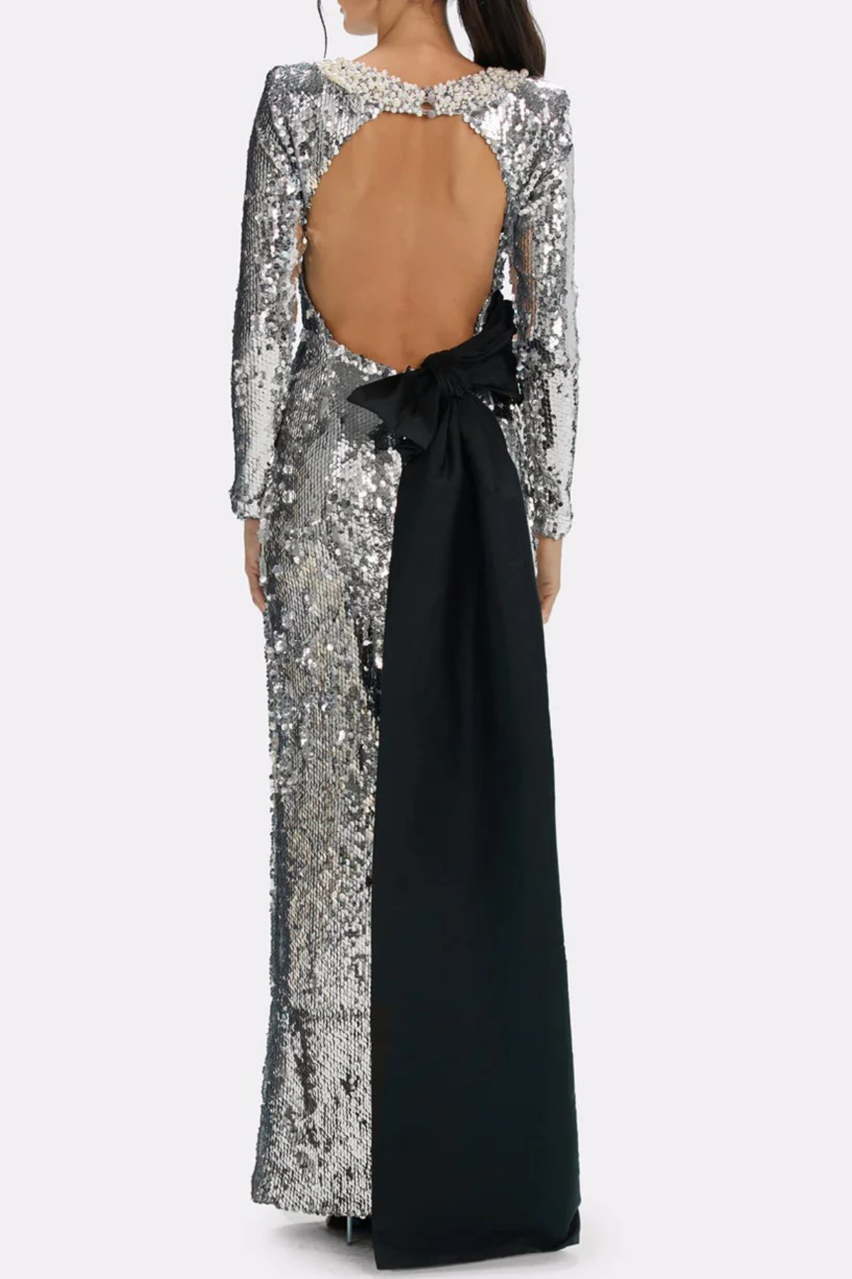 Fatima Sequin Pearl Embellished Bow Backless Maxi Dress