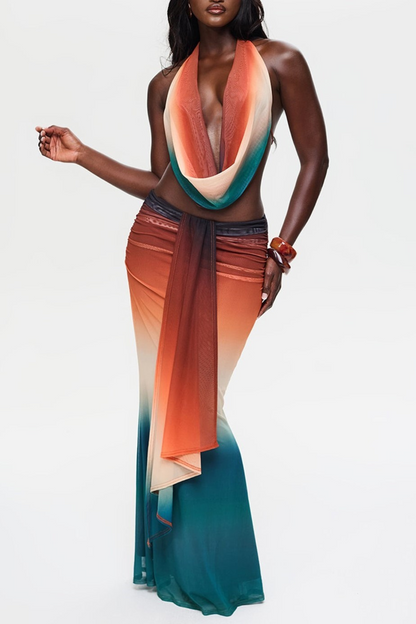 Faunia Mesh  Gradient Top & Skirt Set
