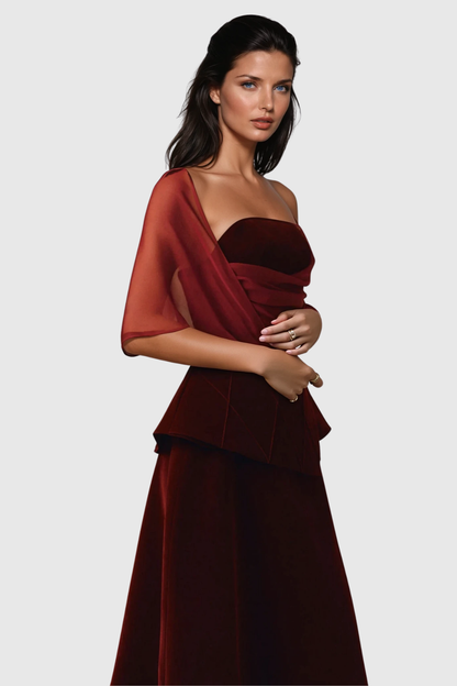 Favia Mesh Shawl Maxi Dress - Red