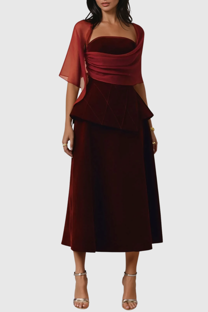 Favia Mesh Shawl Maxi Dress - Red