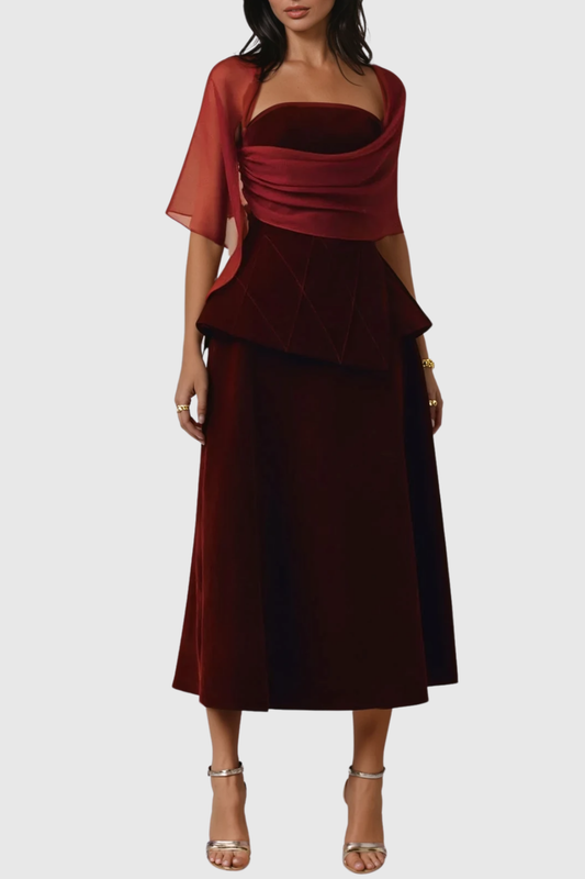 Favia Mesh Shawl Maxi Dress - Red