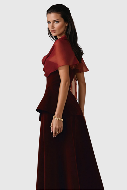 Favia Mesh Shawl Maxi Dress - Red