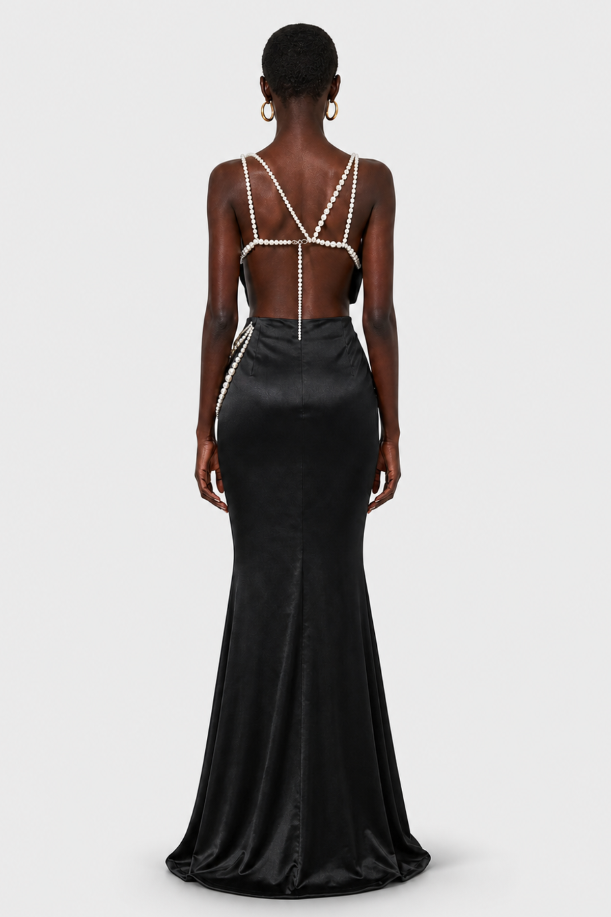 Finnaya Pearl Embellished Bow Satin Maxi Dress - Black