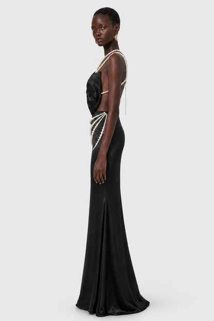 Finnaya Pearl Embellished Bow Satin Maxi Dress - Black