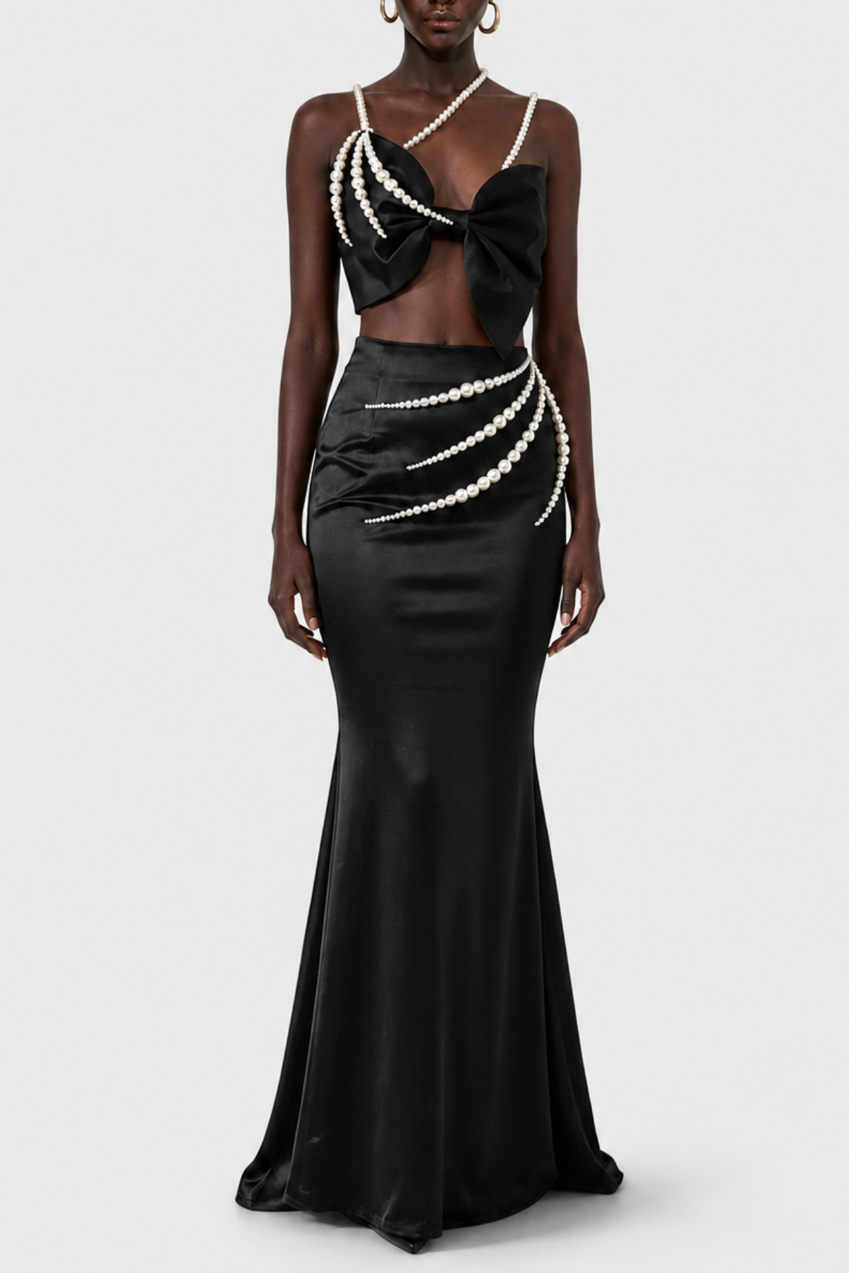 Finnaya Pearl Embellished Bow Satin Maxi Dress - Black