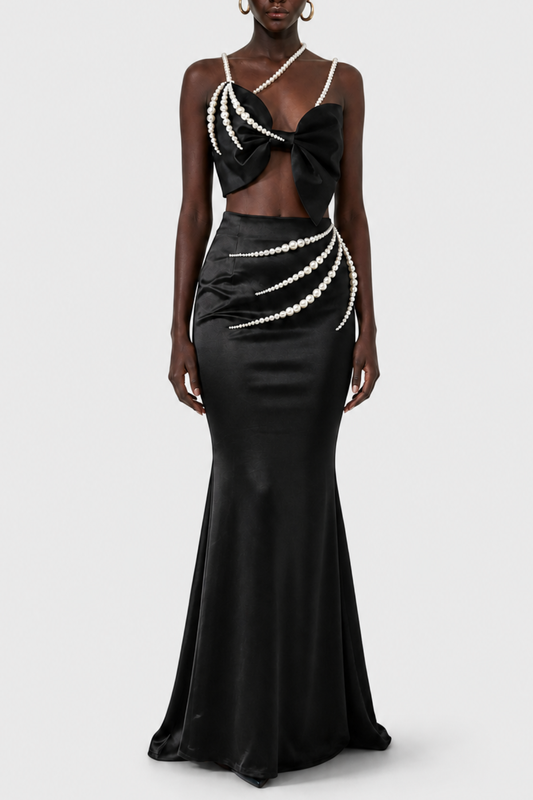 Finnaya Pearl Embellished Bow Satin Maxi Dress - Black