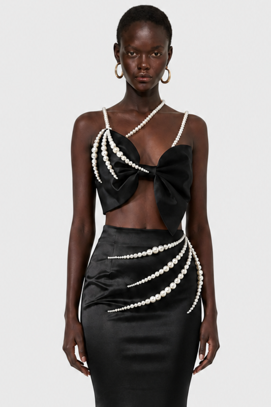 Finnaya Pearl Embellished Bow Satin Maxi Dress - Black