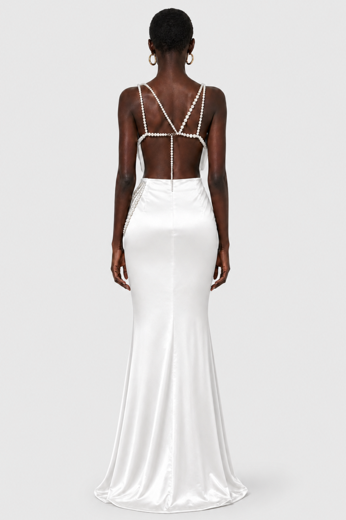 Finnaya Pearl Embellished Bow Satin Maxi Dress - White