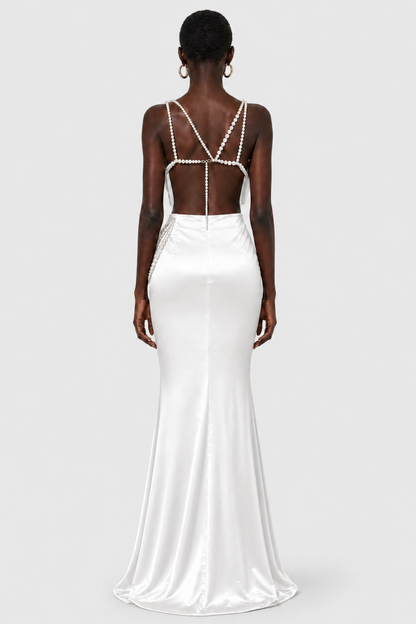 Finnaya Pearl Embellished Bow Satin Maxi Dress - White