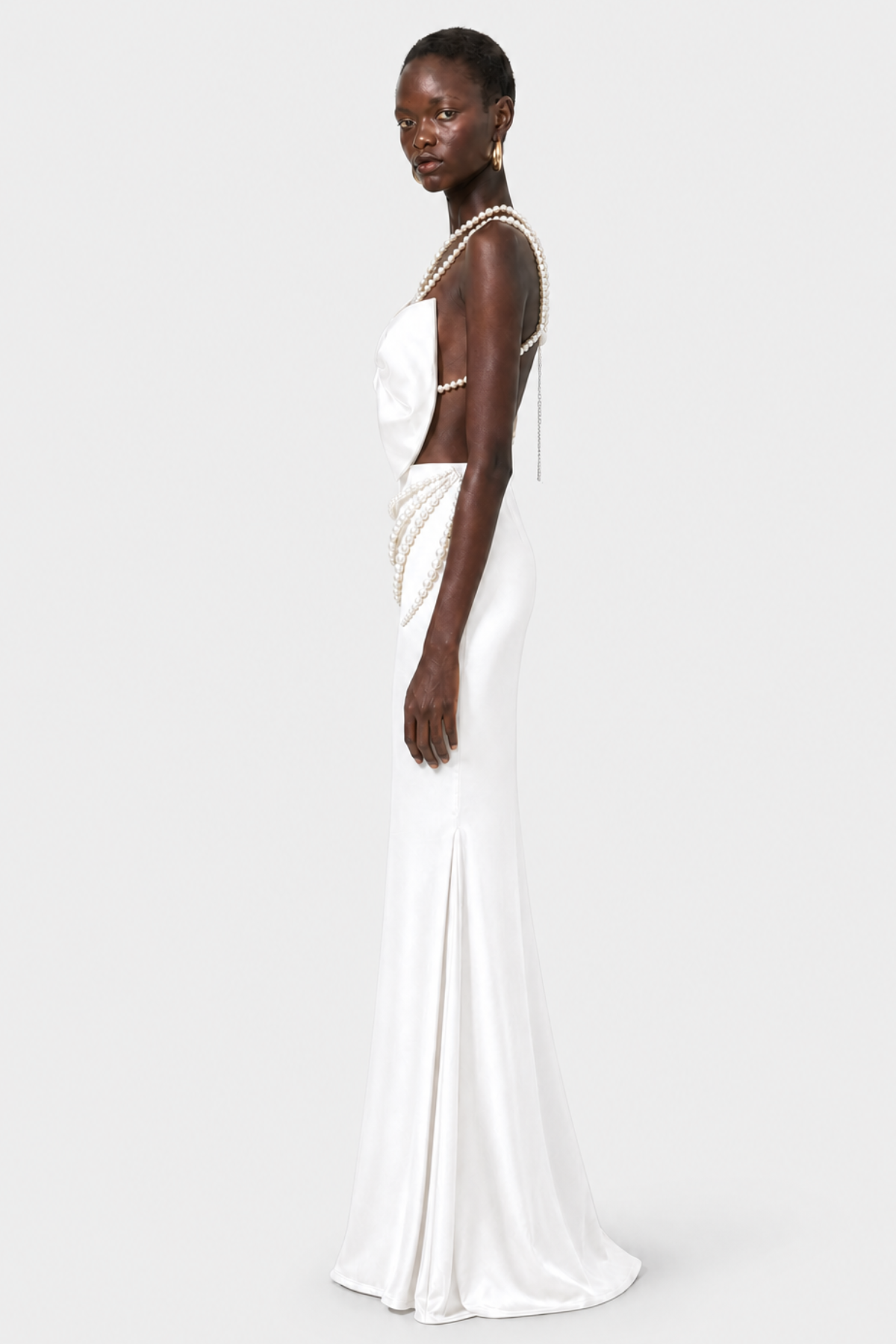 Finnaya Pearl Embellished Bow Satin Maxi Dress - White