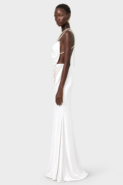Finnaya Pearl Embellished Bow Satin Maxi Dress - White