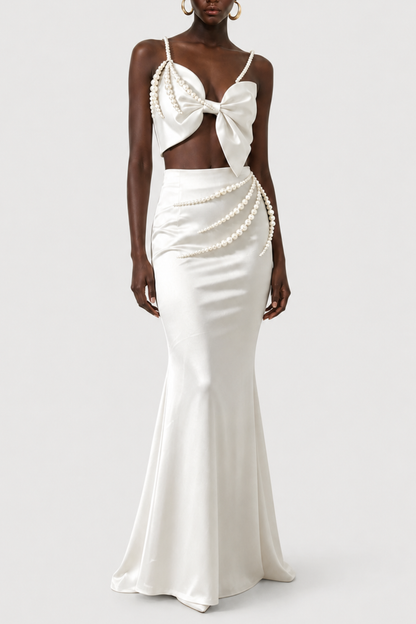 Finnaya Pearl Embellished Bow Satin Maxi Dress - White