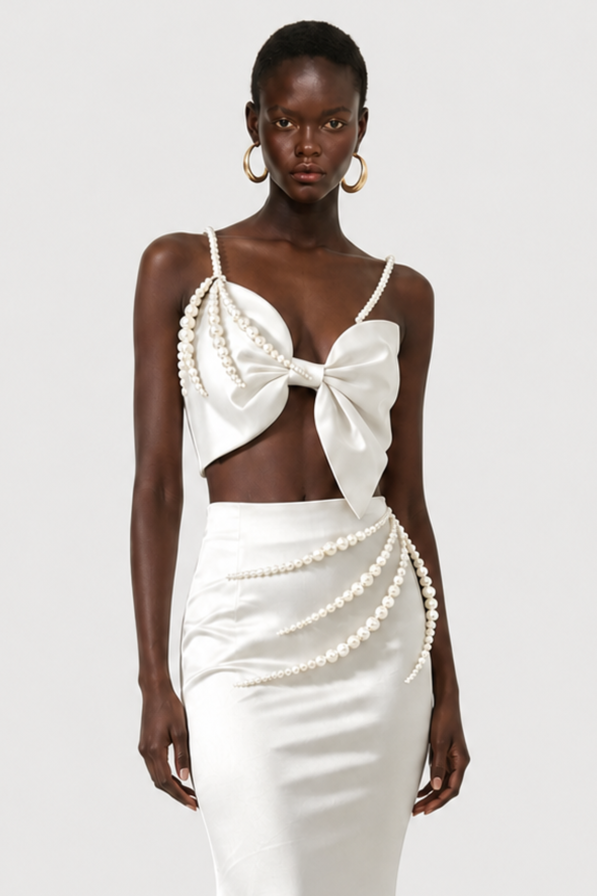 Finnaya Pearl Embellished Bow Satin Maxi Dress - White