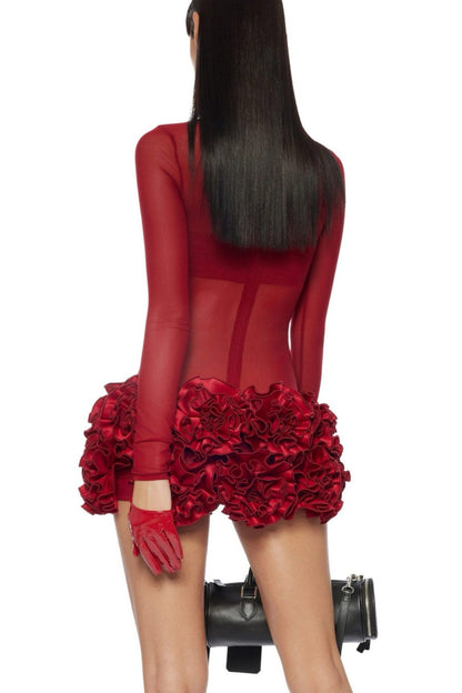 Fionna Floral Mesh Long Sleeve Mini Dress - Red