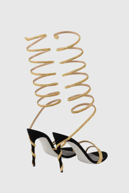 Fionya Crystal Ankle Wrap Heel Sandals - Gold