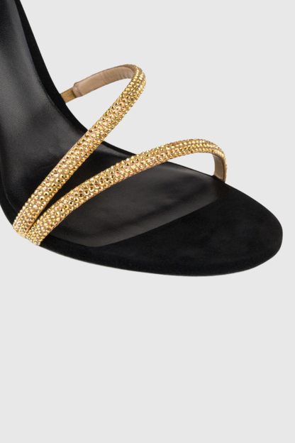 Fionya Crystal Ankle Wrap Heel Sandals - Gold