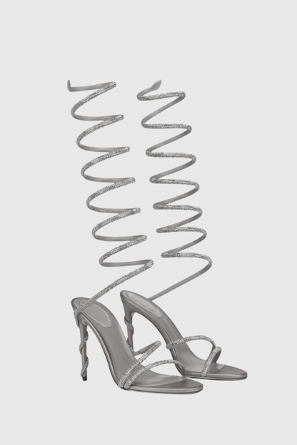 Fionya Crystal Ankle Wrap Heel Sandals - Silver