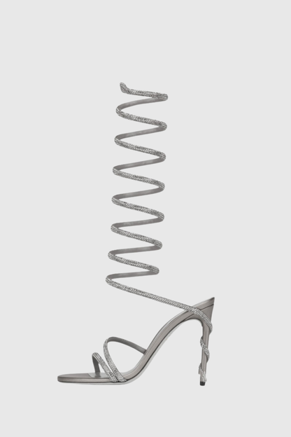 Fionya Crystal Ankle Wrap Heel Sandals - Silver