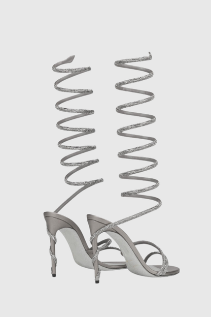 Fionya Crystal Ankle Wrap Heel Sandals - Silver
