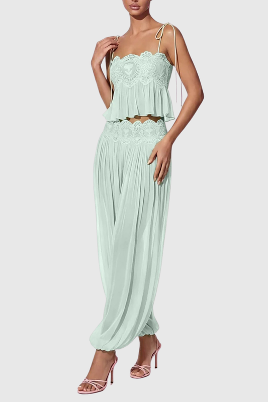 Fiorella Lace Trim Ruched Top & Trouser Set - Blue