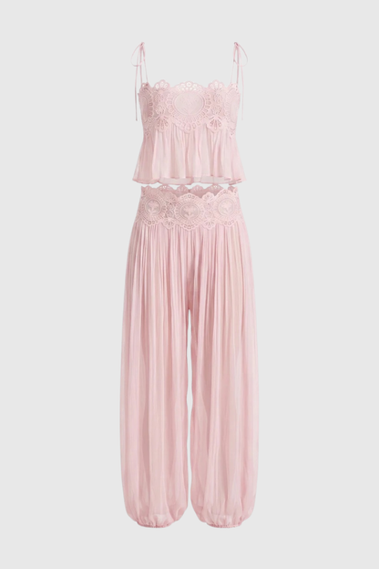 Fiorella Lace Trim Ruched Top & Trouser Set - Pink