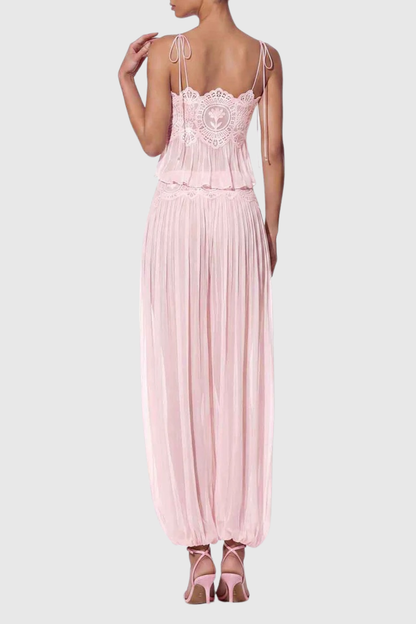 Fiorella Lace Trim Ruched Top & Trouser Set - Pink