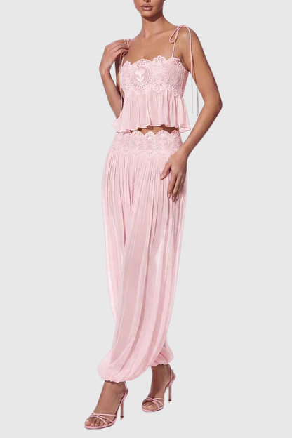 Fiorella Lace Trim Ruched Top & Trouser Set - Pink