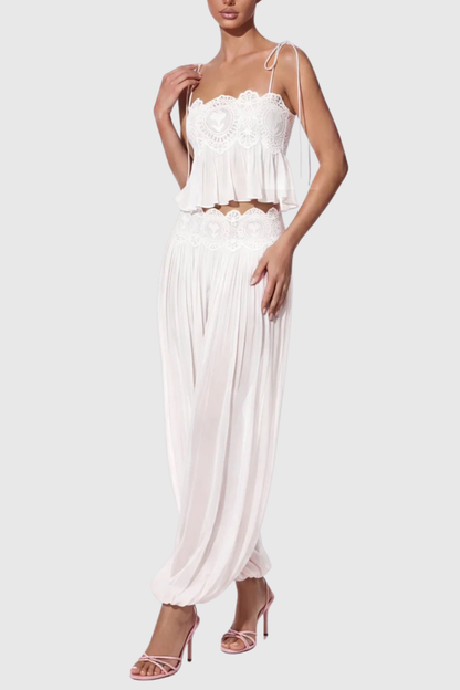 Fiorella Lace Trim Ruched Top & Trouser Set - White
