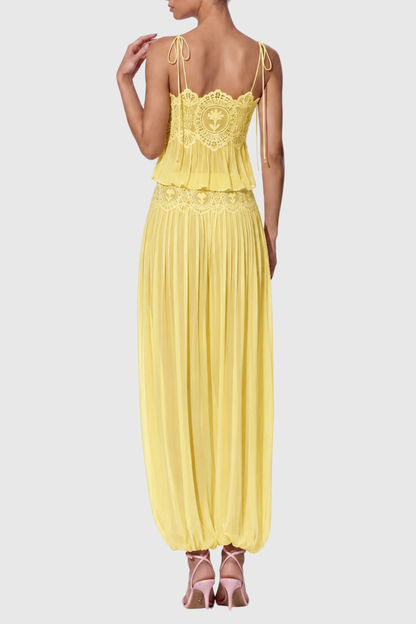 Fiorella Lace Trim Ruched Top & Trouser Set - Yellow
