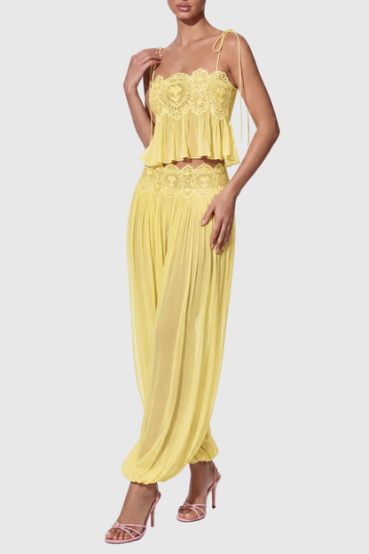 Fiorella Lace Trim Ruched Top & Trouser Set - Yellow