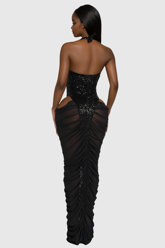 Firth Sequin Cutout Mesh Ruched Maxi Dress - Black