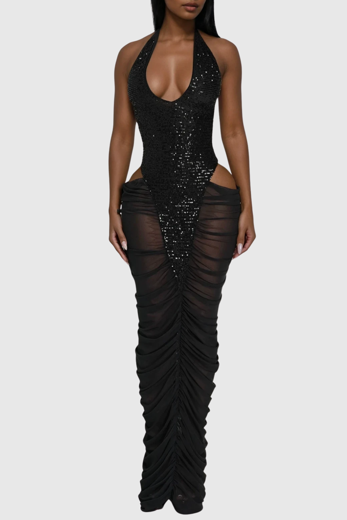 Firth Sequin Cutout Mesh Ruched Maxi Dress - Black