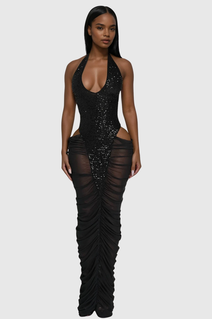 Firth Sequin Cutout Mesh Ruched Maxi Dress - Black