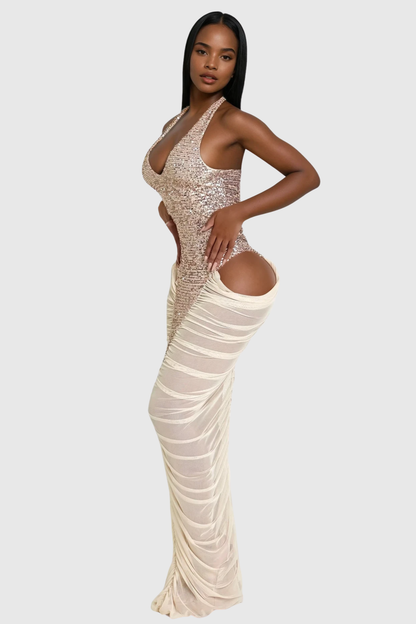 Firth Sequin Cutout Mesh Ruched Maxi Dress - Pink