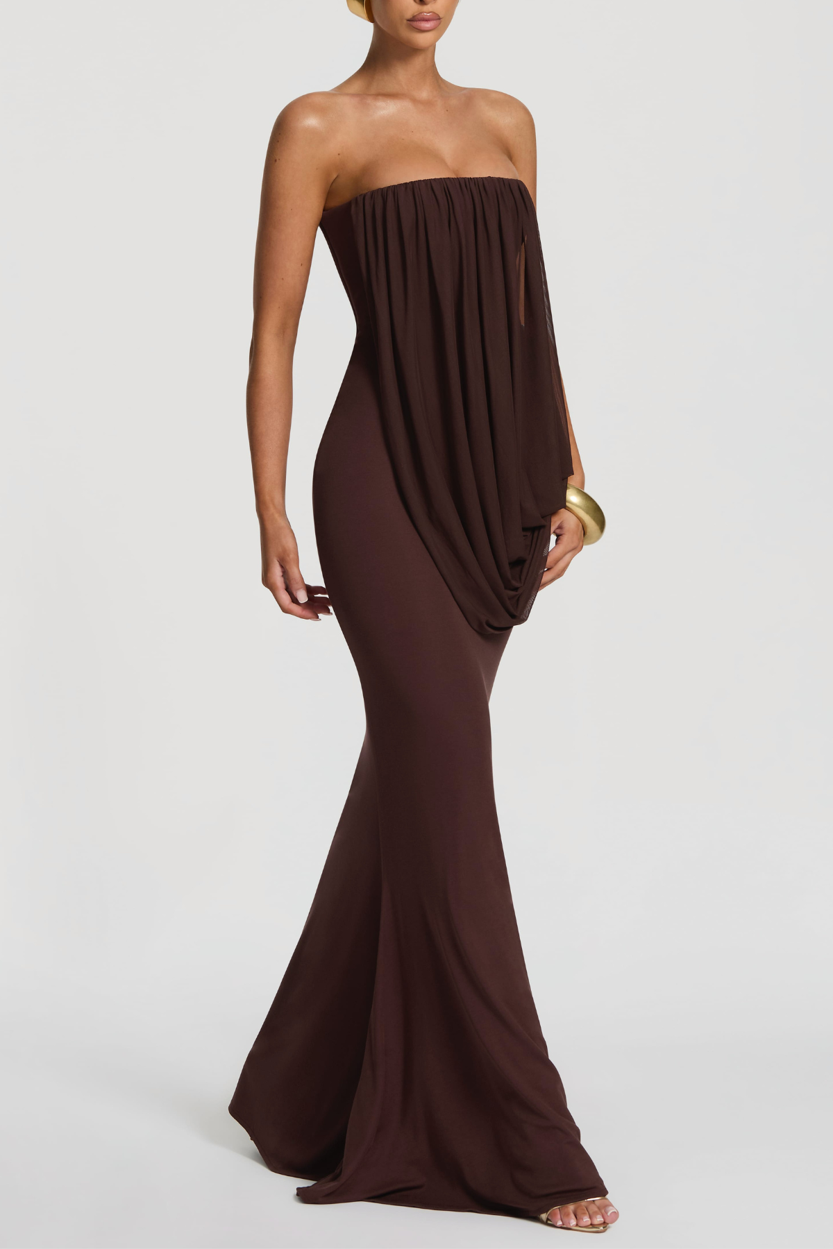 Fleece Strapess Draped Maxi Dress - Brown