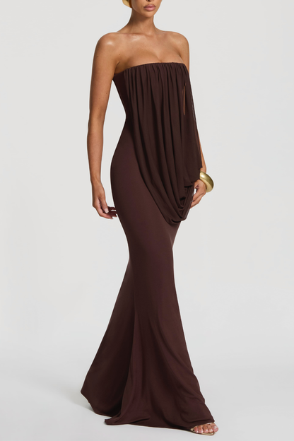 Fleece Strapess Draped Maxi Dress - Brown