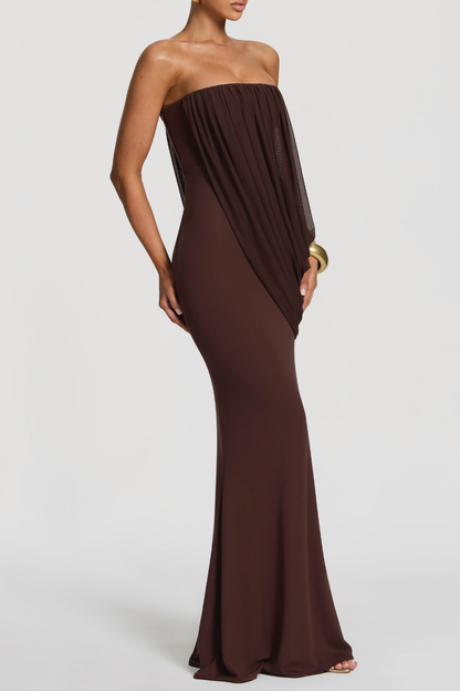 Fleece Strapess Draped Maxi Dress - Brown