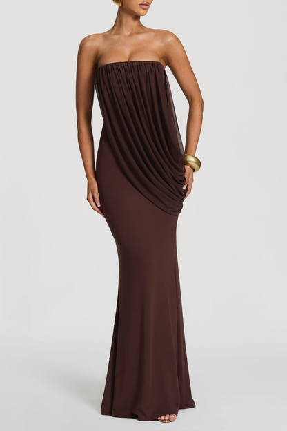 Fleece Strapess Draped Maxi Dress - Brown