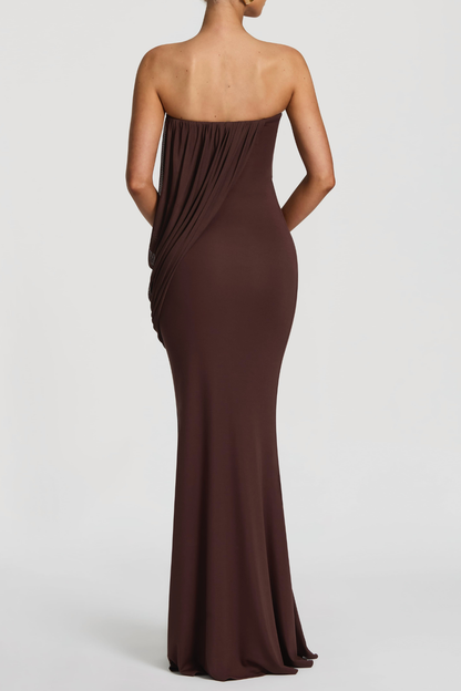 Fleece Strapess Draped Maxi Dress - Brown