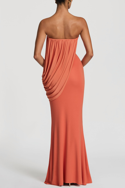 Fleece Strapess Draped Maxi Dress - Orange