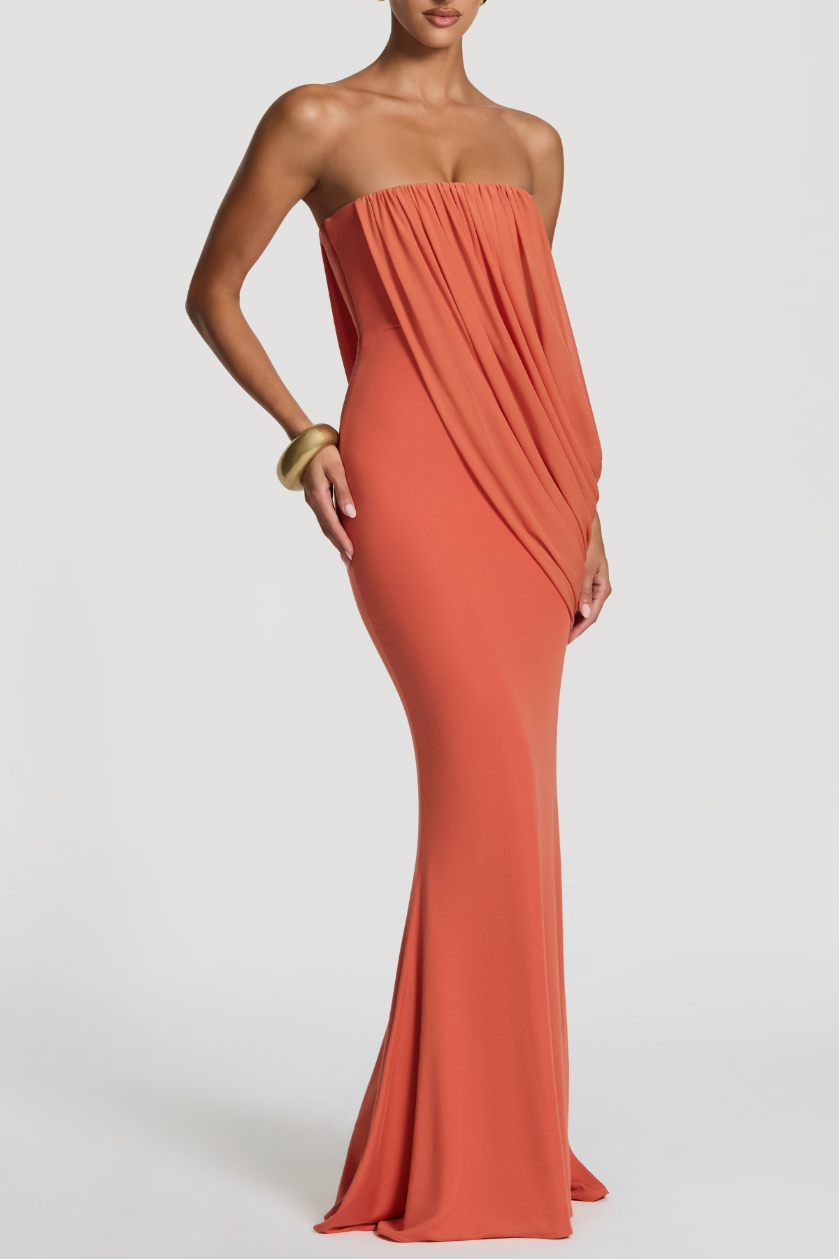 Fleece Strapess Draped Maxi Dress - Orange